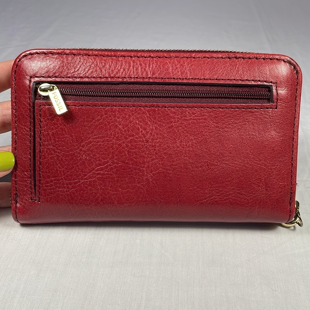 Fossil Red Leather Zippered Wallet With Strap Wri… - image 3